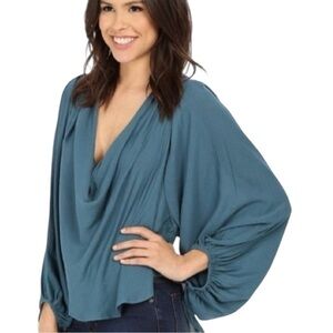 FREE PEOPLE Drape Front Balloon Sleeve Top Teal Blue